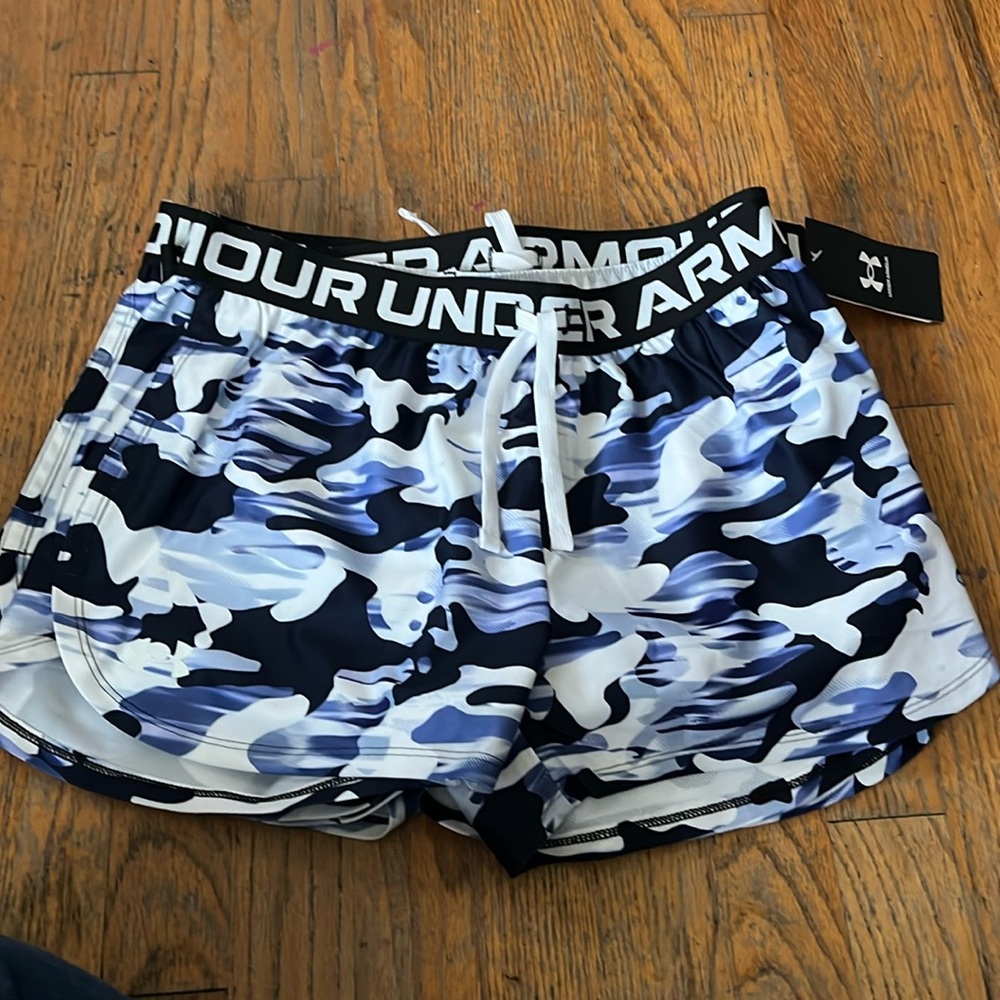 Girls under armour play up printed shorts blue